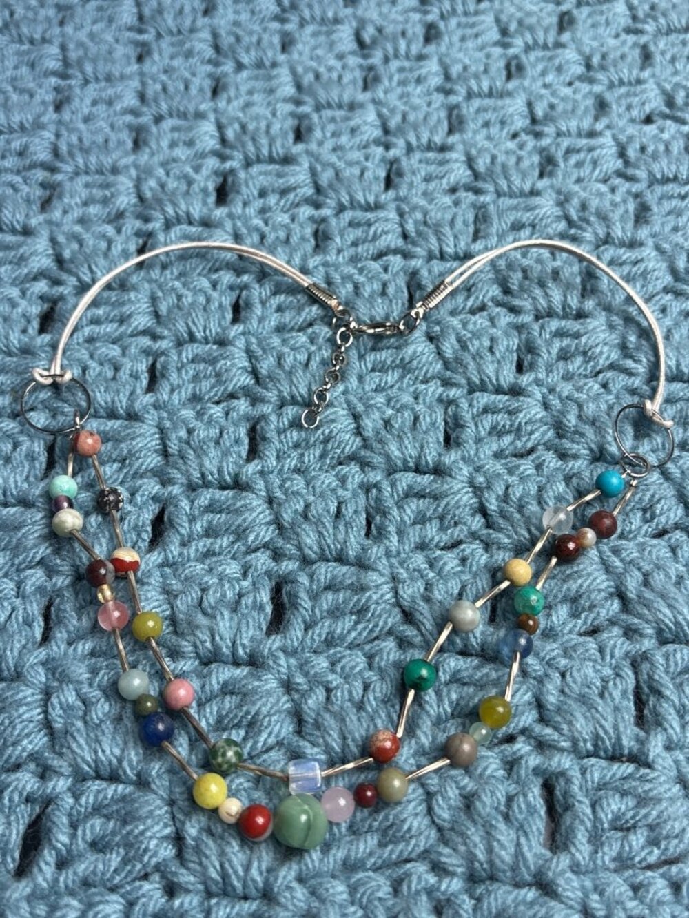 Stone Beaded Silvertone Chain Cord Necklace 18 - 19.5 inches Long